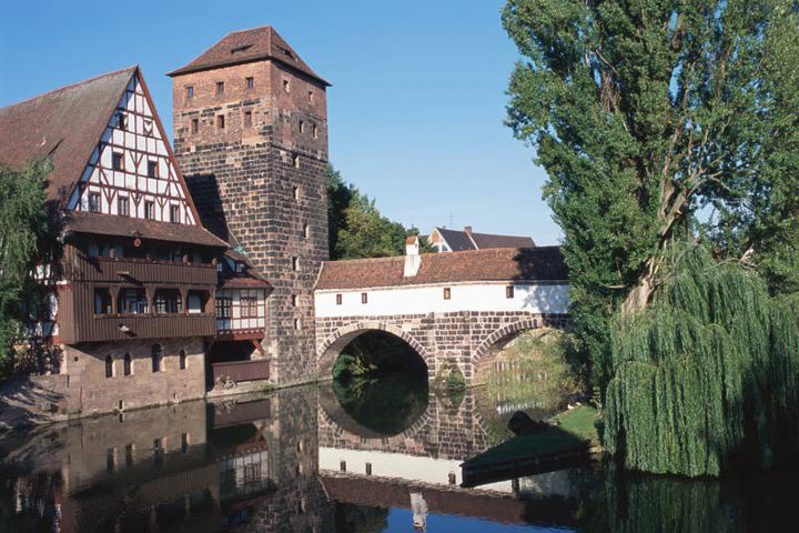 Half-timbered houses on the river in Nuremberg