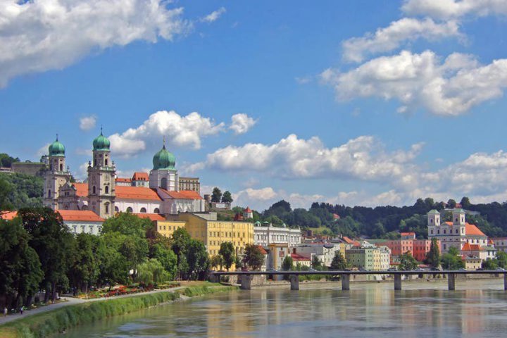 Passau's riverfront skyline of baroque towers