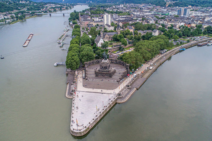 Aerial view of Koblenz where the Rhine and Moselle rivers meet