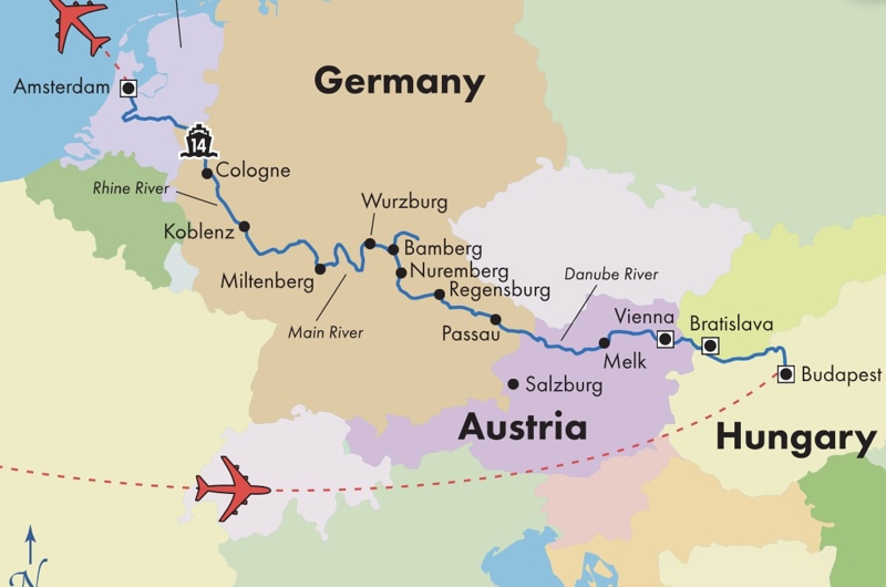 Map of the cruise route from Amsterdam through Germany and Austria to Budapest