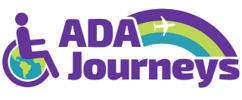 An image of a wheelchair with a globe and a rainbow with an airplane. Text reads "ADA Journeys".