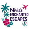 Nivia's Enchanted Escapes logo with palm trees, hibiscus, airplane and accessibility heart icon