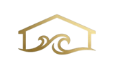 Salthaven Travel Co. Logo is a gold house with a two waves inside of it