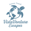 VistaVenture Escapes Logo Large sea turtle with the world on it's back above turtle it says luxury travel and under turtle it says VistaVenture Escapes