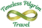 Timeless Pilgrim Travel Logo, green and yellow mobius strip.