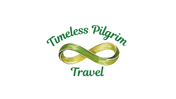 Timeless Pilgrim Travel Logo, green and yellow mobius strip.