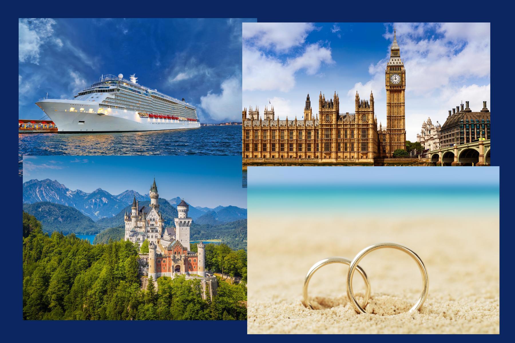 Bright travel collage featuring a cruise ship, European landmarks, a castle, and wedding rings